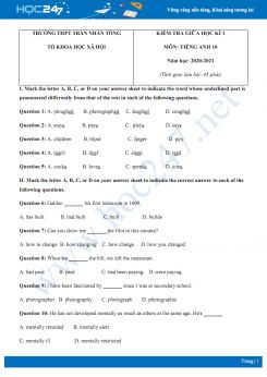Đề thi giữa HK1 môn Tiếng Anh 10 năm 2020 có đáp án trường THPT Trần Nhân Tông