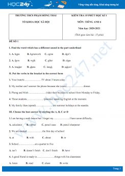 Bộ 3 đề kiểm tra 15 phút HK1 môn Tiếng Anh lớp 6 năm 2020 có đáp án trường THCS Phạm Hồng Thái