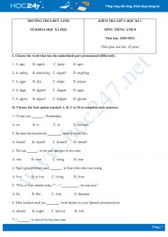 Đề thi giữa HK1 môn Tiếng Anh 8 năm 2020 có đáp án trường THCS Đức Linh