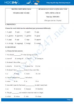 Đề KSCL đầu năm môn Tiếng Anh 10 năm 2020 có đáp án trường THPT Đồng Xoài