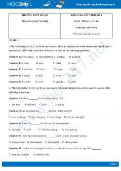Bộ 2 đề thi giữa HK1 môn Tiếng Anh 10 năm 2020 có đáp án trường THPT Lê Lợi