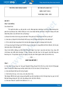 Bộ 2 đề thi giữa HK1 môn Ngữ văn 8 năm 2020 trường THCS Hoàn Kiếm