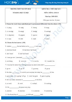 Đề kiểm tra 1 tiết HK1 môn Tiếng Anh 10 năm 2020 có đáp án trường THPT Nguyễn Huệ