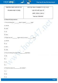 Bài tập trắc nghiệm và tự luận chuyên đề mạo từ trong Tiếng Anh năm 2020 có đáp án