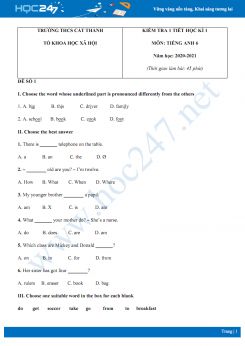 Bộ 3 đề kiểm tra 1 tiết HK1 môn Tiếng Anh 6 năm 2020 có đáp án trường THCS Cát Thành