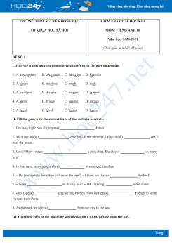 Bộ 3 đề thi giữa HK1 môn Tiếng Anh 10 năm 2020 có đáp án trường THPT Nguyễn Hồng Đạo