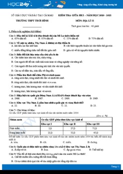 Đề thi giữa HK1 môn Địa lí 11 năm 2020 - Trường THPT Thới Bình có đáp án