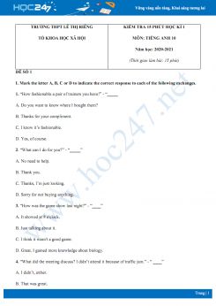Bộ 3 đề kiểm tra 15 phút HK1 môn Tiếng Anh 10 năm 2020 có đáp án trường THPT Lê Thị Riêng