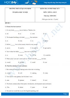 Bộ 3 đề kiểm tra 15 phút HK1 môn Tiếng Anh 9 năm 2020 có đáp án trường THCS Lê Quang Định