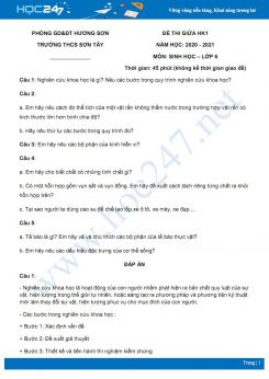Đề thi giữa HK1 môn Sinh 6 năm 2020 - Trường THCS Sơn Tây có đáp án