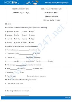 Bộ 3 đề kiểm tra 15 phút HK1 môn Tiếng Anh 6 năm 2020 có đáp án trường THCS Mỹ Hòa