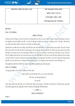 Bộ 3 đề thi học sinh giỏi môn Ngữ văn 10 năm 2020 Trường THPT Hà Huy Tập