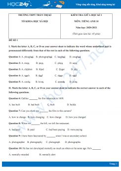 Bộ 2 đề thi giữa HK1 môn Tiếng Anh 10 năm 2020 có đáp án trường THPT Hồ Thị Kỷ