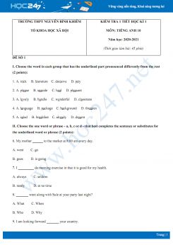 Bộ 2 đề kiểm tra 1 tiết HK1 môn Tiếng Anh 10 năm 2020 có đáp án trường THPT Nguyễn Bỉnh Khiêm
