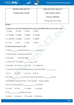 Bộ 2 đề thi giữa HK1 môn Tiếng Anh 10 năm 2020 có đáp án trường THPT Phù Mỹ