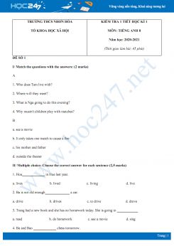 Bộ 2 đề kiểm tra 1 tiết HK1 môn Tiếng Anh 8 năm 2020 có đáp án trường THCS Nhơn Hòa