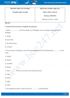 Bộ 2 đề kiểm tra 15 phút HK1 môn Tiếng Anh 10 năm 2020 có đáp án trường THPT Võ Văn Kiệt