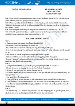 Đề kiểm tra 45 phút môn Lịch sử 10 có đáp án Trường THPT Cửa Tùng