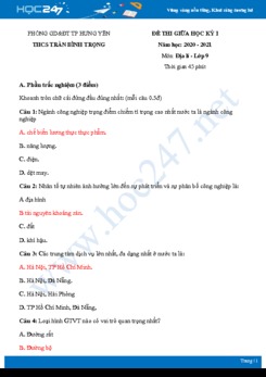 Đề thi giữa HK1 môn Địa lí 9 năm 2020 - Trường THCS Trần Bình Trọng có đáp án