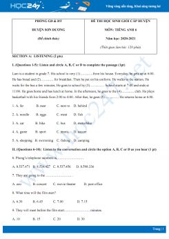 Đề thi HSG cấp huyện môn Tiếng Anh 6 năm 2020 có đáp án Phòng GD & ĐT huyện Sơn Dương