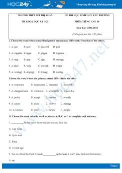 Đề thi HSG cấp trường môn Tiếng Anh 10 năm 2020 có đáp án trường THPT Bùi Thị Xuân