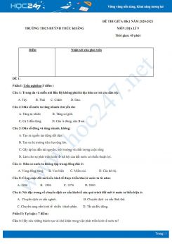 2 Đề thi giữa HK1 môn Địa lí 9 năm 2020 - Trường THCS Huỳnh Thúc Kháng có đáp án