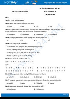 4 Đề thi giữa HK1 môn Sinh học 10 năm 2020 - Trường THPT Duy Tân có đáp án