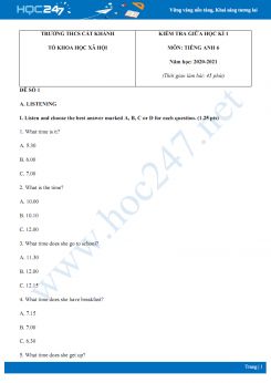 Bộ 3 đề thi giữa HK1 môn Tiếng Anh 6 năm 2020 có đáp án trường THCS Cát Khánh