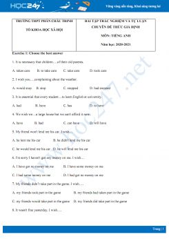 Bài tập trắc nghiệm và tự luận chuyên đề thức giả định trong Tiếng Anh năm 2020 có đáp án