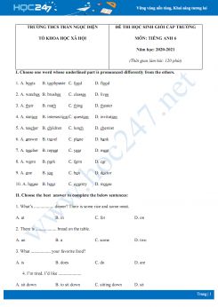 Đề thi HSG cấp trường môn Tiếng Anh 6 năm 2020 có đáp án trường THCS Trần Ngọc Diện