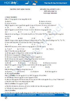 Đề kiểm tra 45 phút môn Hóa học 10 năm 2020 có đáp án Trường THPT Định Thành