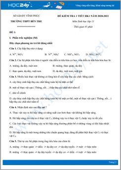 4 Đề kiểm tra 1 tiết HK1 môn Sinh học 11 năm 2020 - Trường THPT Bến Tre có đáp án