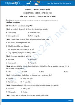 Đề kiểm tra 1 tiết HK1 môn Sinh học 10 năm 2020 - Trường THPT Lê Trung Kiên có đáp án