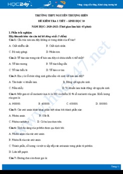 Đề kiểm tra 1 tiết HK1 môn Sinh học 10 năm 2020 - Trường THPT Nguyễn Thượng Hiền có đáp án