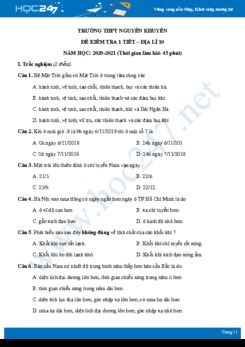Đề kiểm tra 1 tiết HK1 môn Địa lí 10 năm 2020 - Trường THPT Nguyễn Khuyến có đáp án