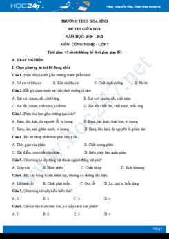 Đề thi giữa HK1 môn Công nghệ 7 năm 2020 - Trường THCS Hòa Bình có đáp án