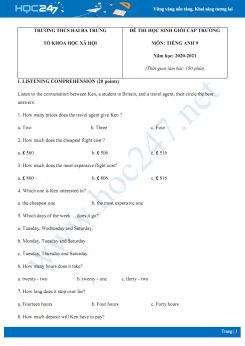 Đề thi HSG cấp trường môn Tiếng Anh 9 năm 2020 có đáp án trường THCS Hai Bà Trưng