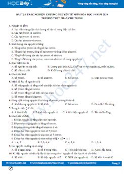 Bài tập trắc nghiệm chương Nguyên tử môn Hóa học 10 năm 2020 Trường THPT Phan Chu Trinh