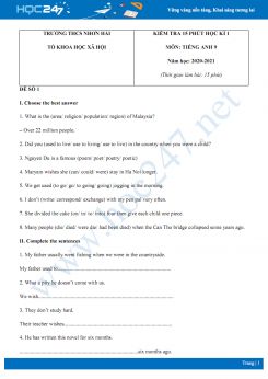 Bộ 3 đề kiểm tra 15 phút HK1 môn Tiếng Anh 9 năm 2020 có đáp án trường THCS Nhơn Hải