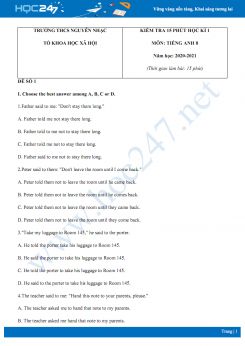 Bộ 3 đề kiểm tra 15 phút HK1 môn Tiếng Anh 8 năm 2020 có đáp án trường THCS Nguyễn Nhạc