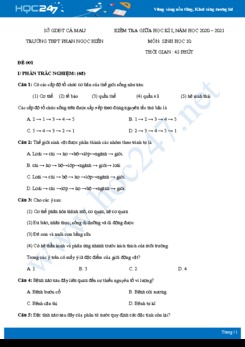 2 Đề thi giữa HK1 môn Sinh học 10 năm 2020 - Trường THPT Phan Ngọc Hiển có đáp án