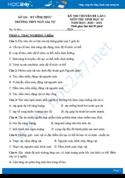 Đề kiểm tra 1 tiết môn Sinh học 10 năm 2020 - Trường THPT Ngô Gia Tự có đáp án