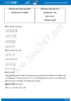Đề kiểm tra giữa HKI môn Toán 7 năm 2020 có đáp án trường THCS Trần Mai Ninh