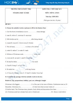 Bộ 2 đề kiểm tra 1 tiết HK1 môn Tiếng Anh 8 năm 2020 có đáp án trường THCS Lê Đức Thọ