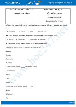 Đề kiểm tra 1 tiết HK1 môn Tiếng Anh 10 năm 2020 có đáp án trường THPT Phan Đăng Lưu