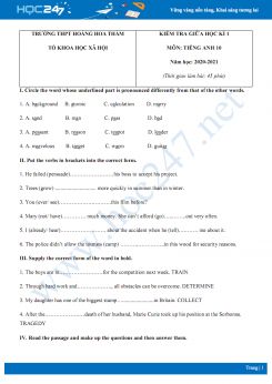 Bộ 2 đề thi giữa HK1 môn Tiếng Anh 10 năm 2020 có đáp án trường THPT Hoàng Hoa Thám