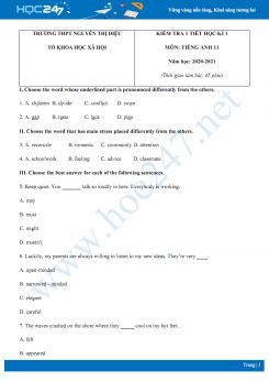Đề kiểm tra 1 tiết HK1 môn Tiếng Anh 11 năm 2020 có đáp án trường THPT Nguyễn Thị Diệu