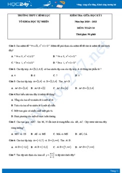 Đề kiểm tra giữa HKI môn Toán 10 năm 2020 có đáp án trường THPT C Bình Lục
