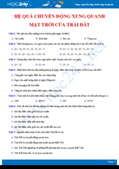 Bài tập trắc nghiệm ôn tập hệ quả chuyển động xung quanh mặt trời của Trái đất Địa lí 10 có đáp án