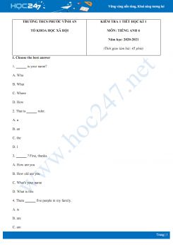 Đề kiểm tra 1 tiết HK1 môn Tiếng Anh 6 năm 2020 có đáp án trường THCS Phước Vĩnh An